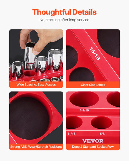 Magnetic Socket Organizer Set, 3PCS Magnetic Socket Holder, 1/4'', 3/8'' & 1/2'' SAE Socket Trays with Clear Labels, Hold up to 68PCS Standard & Deep Sockets, Red (Sockets Not Included)
