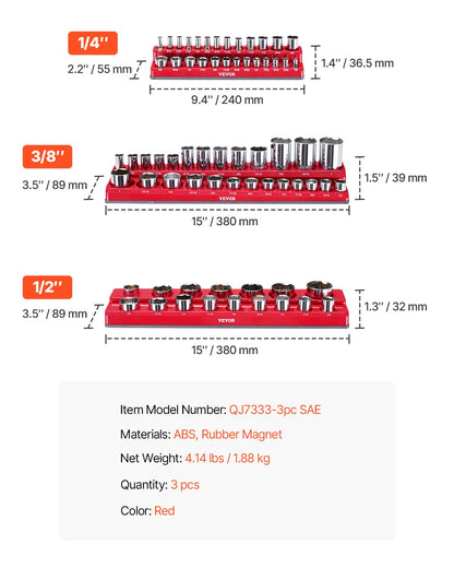 Magnetic Socket Organizer Set, 3PCS Magnetic Socket Holder, 1/4'', 3/8'' & 1/2'' SAE Socket Trays with Clear Labels, Hold up to 68PCS Standard & Deep Sockets, Red (Sockets Not Included)