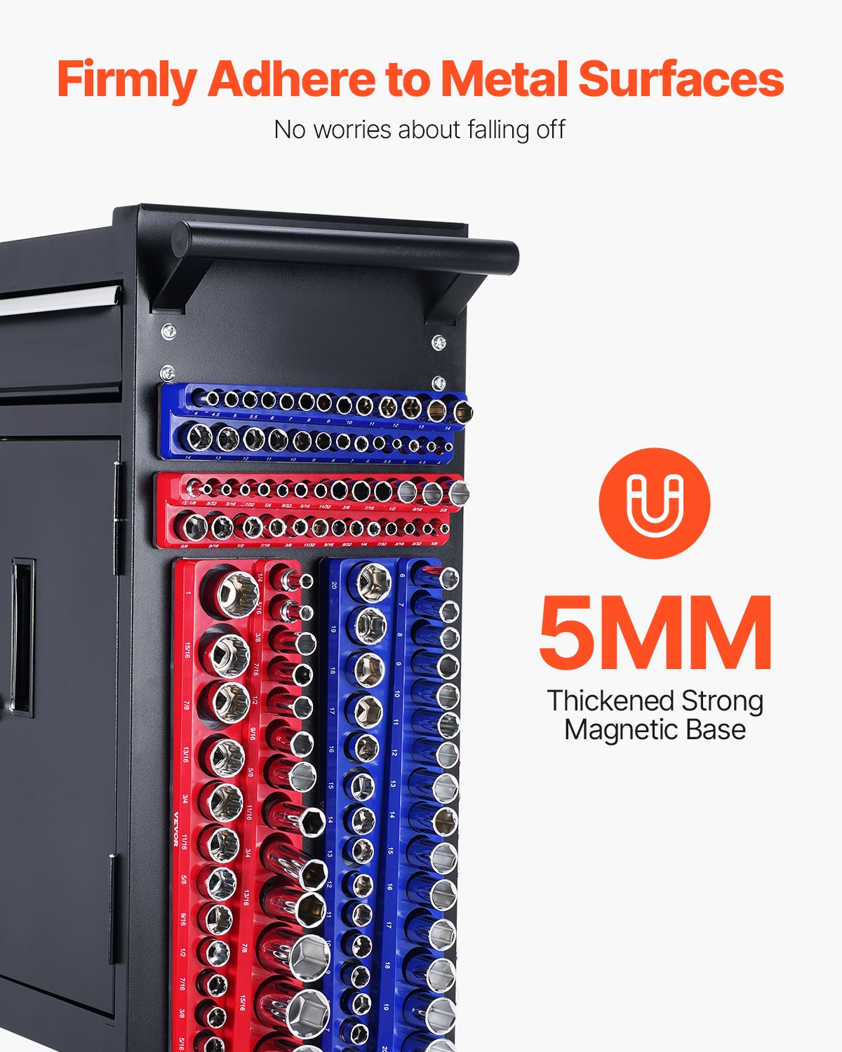 Magnetisk hylshållare, 4 delar magnetiska hylshållare, 1/4'' och 3/8'' metriska SAE-hylshållarbrickor med tydliga etiketter, rymmer upp till 108 delar standard- och djupa hylsor, blå och röda (hylsor ingår ej)