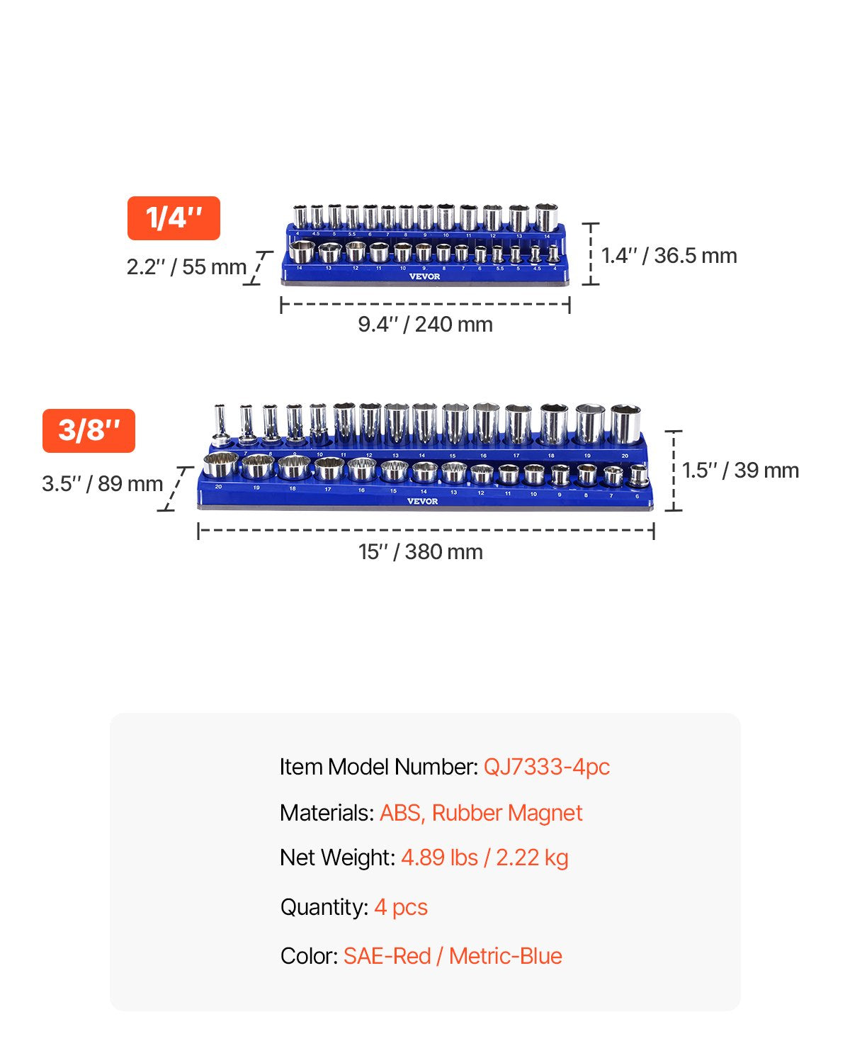 Magnetisk hylshållare, 4 delar magnetiska hylshållare, 1/4'' och 3/8'' metriska SAE-hylshållarbrickor med tydliga etiketter, rymmer upp till 108 delar standard- och djupa hylsor, blå och röda (hylsor ingår ej)