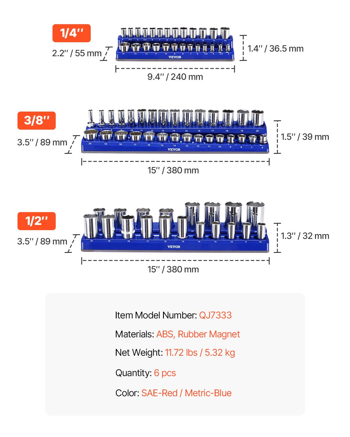Magnetisk hylshållare, 6 delar hylshållare, 1/4'', 3/8'' och 1/2'' metriska SAE-hylshållarbrickor med tydliga etiketter, rymmer upp till 143 delar standard- och djupa hylsor, blå och röda (hylsor ingår ej)