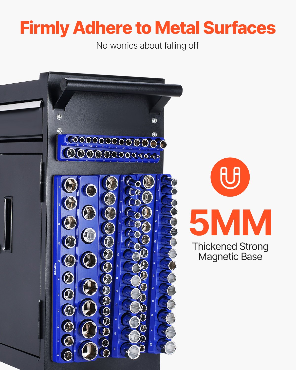 Magnetisk hylshållare, 8 delar hylshållare, 1/4'', 3/8'' och 1/2'' metriska SAE-hylshållarbrickor med tydliga etiketter, rymmer upp till 199 delar standard- och djupa hylsor, blå och röda (hylsor ingår ej)