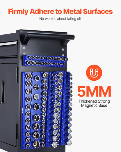 Magnetisk hylshållare, 8 delar hylshållare, 1/4'', 3/8'' och 1/2'' metriska SAE-hylshållarbrickor med tydliga etiketter, rymmer upp till 199 delar standard- och djupa hylsor, blå och röda (hylsor ingår ej)