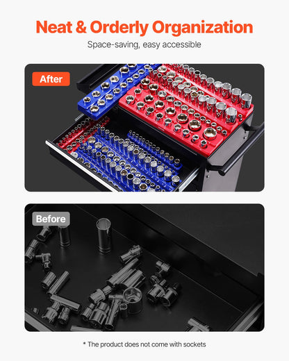 Magnetisk hylshållare, 8 delar hylshållare, 1/4'', 3/8'' och 1/2'' metriska SAE-hylshållarbrickor med tydliga etiketter, rymmer upp till 199 delar standard- och djupa hylsor, blå och röda (hylsor ingår ej)