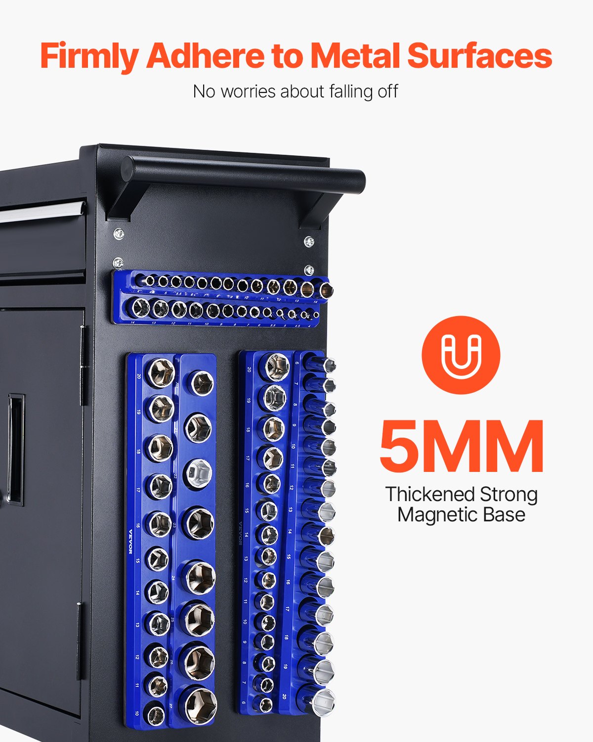 Magnetic Socket Organizer Set, 3PCS Magnetic Socket Holder, 1/4'', 3/8'' & 1/2'' Metric Socket Trays with Clear Labels, Hold up to 75PCS Standard & Deep Sockets, Blue (Sockets Not Included)