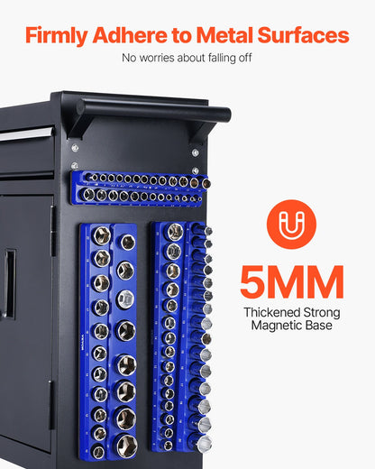 Magnetic Socket Organizer Set, 3PCS Magnetic Socket Holder, 1/4'', 3/8'' & 1/2'' Metric Socket Trays with Clear Labels, Hold up to 75PCS Standard & Deep Sockets, Blue (Sockets Not Included)