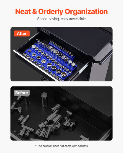 Magnetic Socket Organizer Set, 3PCS Magnetic Socket Holder, 1/4'', 3/8'' & 1/2'' Metric Socket Trays with Clear Labels, Hold up to 75PCS Standard & Deep Sockets, Blue (Sockets Not Included)