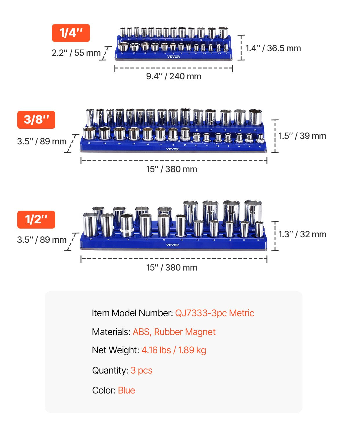 Magnetic Socket Organizer Set, 3PCS Magnetic Socket Holder, 1/4'', 3/8'' & 1/2'' Metric Socket Trays with Clear Labels, Hold up to 75PCS Standard & Deep Sockets, Blue (Sockets Not Included)