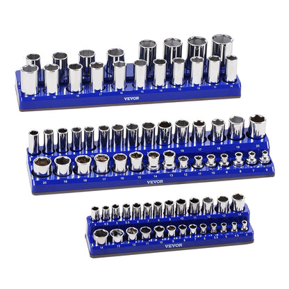 Magnetic Socket Organizer Set, 3PCS Magnetic Socket Holder, 1/4'', 3/8'' & 1/2'' Metric Socket Trays with Clear Labels, Hold up to 75PCS Standard & Deep Sockets, Blue (Sockets Not Included)