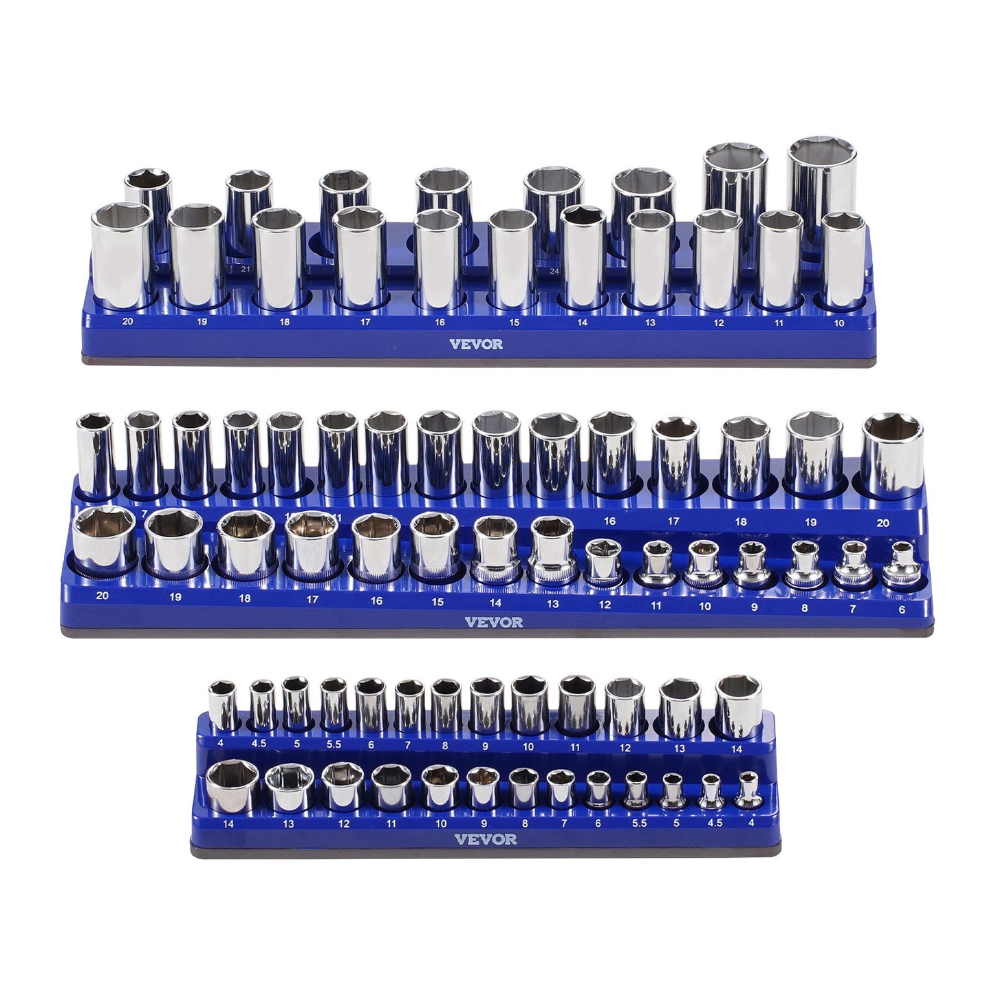 Magnetic Socket Organizer Set, 3PCS Magnetic Socket Holder, 1/4'', 3/8'' & 1/2'' Metric Socket Trays with Clear Labels, Hold up to 75PCS Standard & Deep Sockets, Blue (Sockets Not Included)