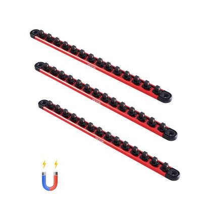 Socket Organizer Rail Set, 3PCS Metric & SAE Aluminum Socket Organizers, 1/4'', 3/8'' & 1/2'' Heavy-Duty Socket Holder with 360° Rotating Clips for Tool Box, Hold up to 40 Sockets, Red & Black