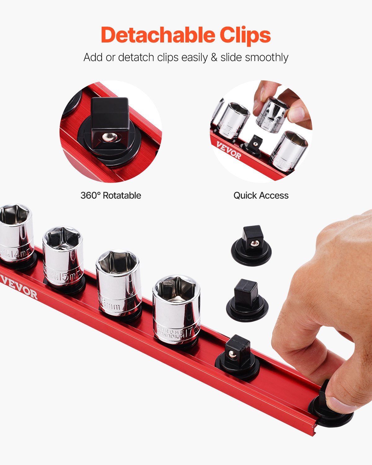 Socket Organizer Rail Set, 3PCS Metric & SAE Aluminum Socket Organizers, 1/4'', 3/8'' & 1/2'' Heavy-Duty Socket Holder with 360° Rotating Clips for Tool Box, Hold up to 40 Sockets, Red & Black