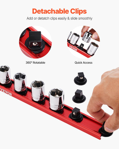Socket Organizer Rail Set, 3PCS Metric & SAE Aluminum Socket Organizers, 1/4'', 3/8'' & 1/2'' Heavy-Duty Socket Holder with 360° Rotating Clips for Tool Box, Hold up to 40 Sockets, Red & Black