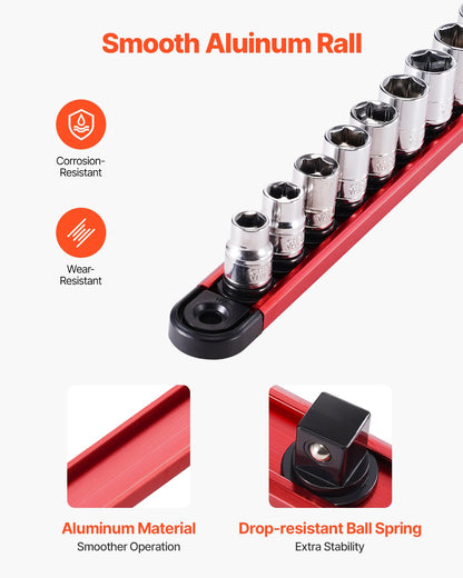 Socket Organizer Rail Set, 3PCS Metric & SAE Aluminum Socket Organizers, 1/4'', 3/8'' & 1/2'' Heavy-Duty Socket Holder with 360° Rotating Clips for Tool Box, Hold up to 40 Sockets, Red & Black