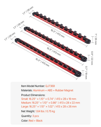 Socket Organizer Rail Set, 3PCS Metric & SAE Aluminum Socket Organizers, 1/4'', 3/8'' & 1/2'' Heavy-Duty Socket Holder with 360° Rotating Clips for Tool Box, Hold up to 40 Sockets, Red & Black