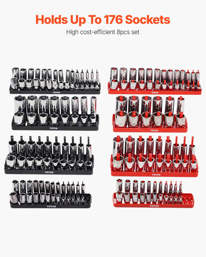 Socket Organizer Set, 8PCS High-Rod Socket Holder, 1/4'', 3/8'' & 1/2'' Metric SAE Socket Trays with Clear Labels, Hold up to 176PCS Standard & Deep Sockets, Black & Red (Socket Not Included)
