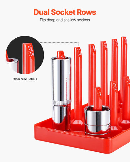 Socket Organizer Set, 8PCS High-Rod Socket Holder, 1/4'', 3/8'' & 1/2'' Metric SAE Socket Trays with Clear Labels, Hold up to 176PCS Standard & Deep Sockets, Black & Red (Socket Not Included)
