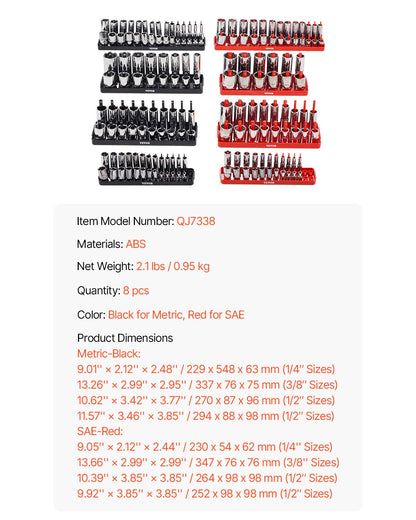 Socket Organizer Set, 8PCS High-Rod Socket Holder, 1/4'', 3/8'' & 1/2'' Metric SAE Socket Trays with Clear Labels, Hold up to 176PCS Standard & Deep Sockets, Black & Red (Socket Not Included)