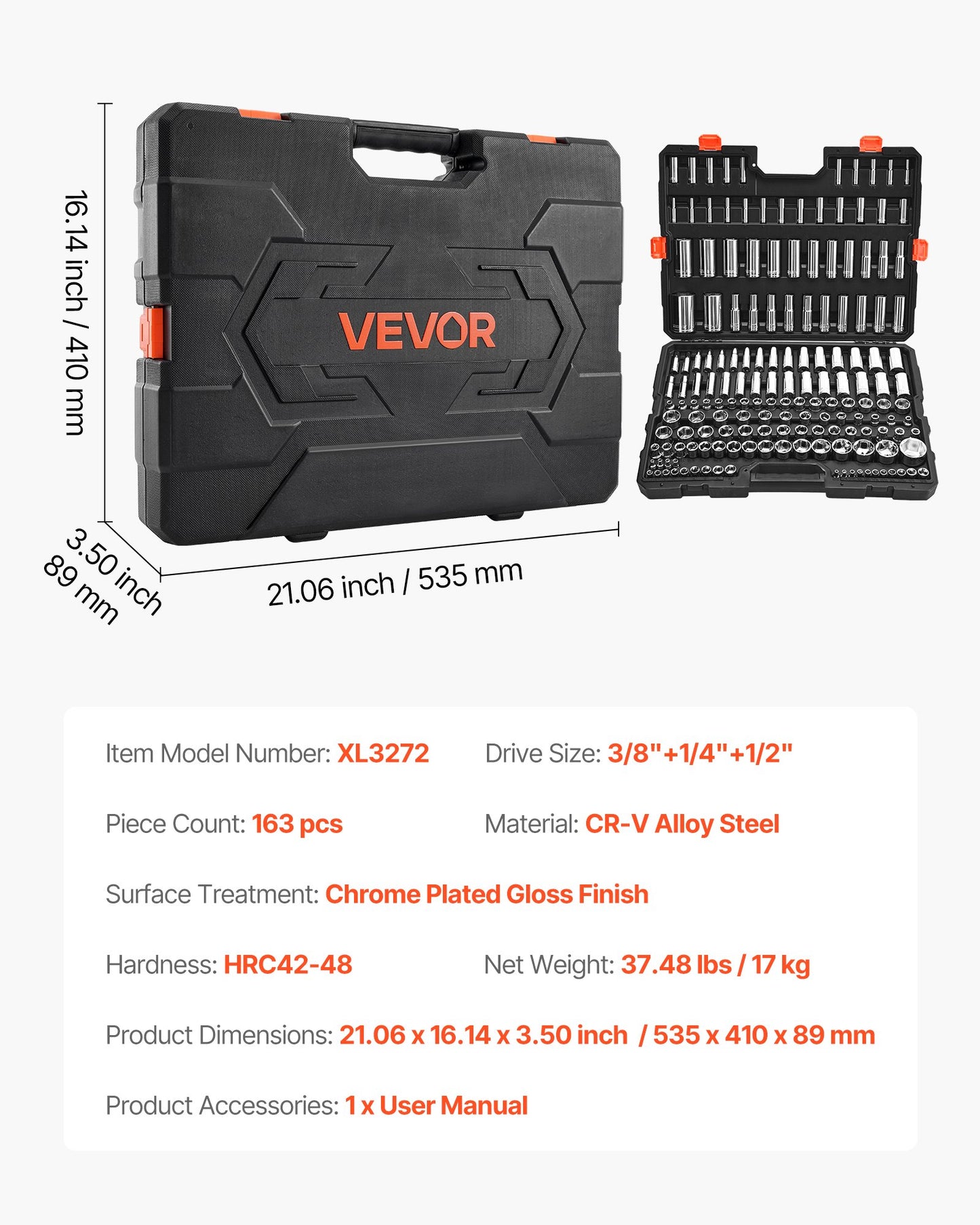 Hylsnyckelsats, 163 delar, 9,5 &amp; 6,4 &amp; 12,7 mm hylsnyckelverktygssats, SAE och metrisk, djup och standard, mekanisk verktygssats med förvaringsfodral, förkromad CR-V-legeringsstål, för bilreparationer