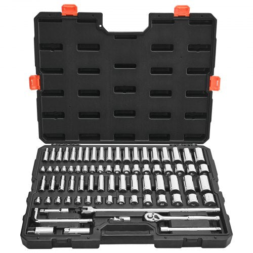 Socket Set, 76 Pieces, 9.5 mm Drive Socket and Ratchet Set, SAE and Metric, Deep and Shallow, Mechanic Tool Kit with Accessories and Storage Case, CR-V Alloy Steel, for Automotive Repair