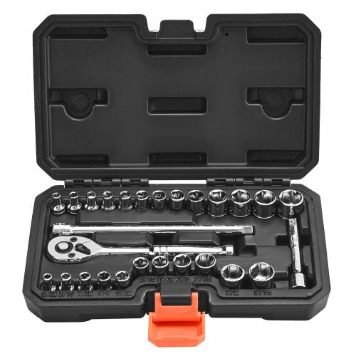 Socket Set, 27 Pieces, 6.4 mm Drive Socket and Ratchet Set, SAE and Metric, Mechanic Tool Kit with Ratchet Wrench, Extension Bar and Storage Case, CR-V Alloy Steel, for Automotive Repair