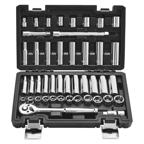 Socket Set, 44 Pieces, 9.5 mm Drive Socket and Ratchet Set, SAE and Metric, Deep and Shallow, Mechanic Tool Kit with Accessories and Storage Case, CR-V Alloy Steel, for Automotive Repair