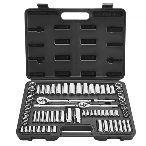Socket Set, 69 Pieces, 9.5 & 6.4 mm Drive Socket and Ratchet Set, SAE and Metric, Deep and Standard, Mechanic Tool Kit with Accessories and Storage Case, CR-V Alloy Steel, for Auto Repair