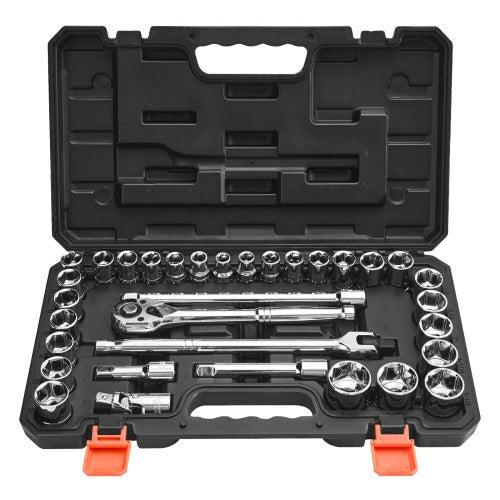 Socket Set, 33 Pieces, 12.7 mm Drive Socket and Ratchet Set, SAE and Metric, Mechanic Tool Kit with Ratchet Wrench, Extension Bar and Storage Case, CR-V Alloy Steel, for Automotive Repair