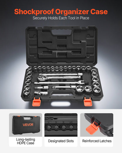 Socket Set, 33 Pieces, 12.7 mm Drive Socket and Ratchet Set, SAE and Metric, Mechanic Tool Kit with Ratchet Wrench, Extension Bar and Storage Case, CR-V Alloy Steel, for Automotive Repair