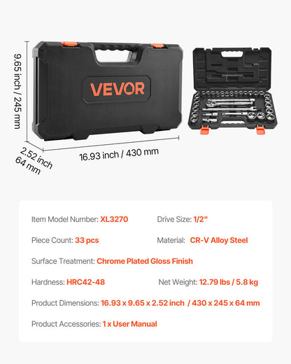 Socket Set, 33 Pieces, 12.7 mm Drive Socket and Ratchet Set, SAE and Metric, Mechanic Tool Kit with Ratchet Wrench, Extension Bar and Storage Case, CR-V Alloy Steel, for Automotive Repair