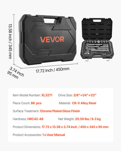 Hylsnyckelsats, 86 delar, 9,5 &amp; 6,4 &amp; 12,7 mm hylsnyckel- och spärrnyckelsats, SAE och metrisk, mekanisk verktygssats med spärrnyckel, tillbehör och förvaringsväska, CR-V legerat stål, för bilreparationer