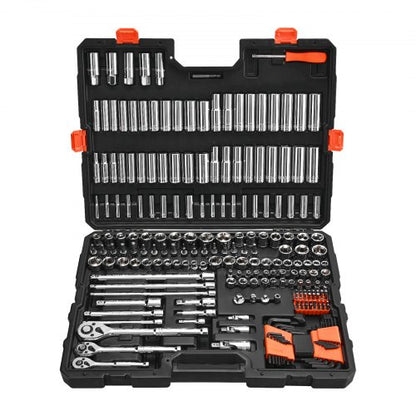 Socket Set, 225 Pieces, 9.5 & 6.4 & 12.7 mm Drive Socket and Ratchet Set, SAE and Metric, Deep and Shallow, Mechanic Tool Kit with Bits, Accessories, Storage Case, CR-V Alloy Steel, for Repair