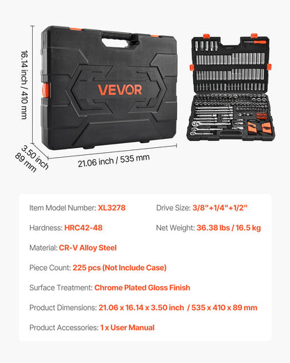 Socket Set, 225 Pieces, 9.5 & 6.4 & 12.7 mm Drive Socket and Ratchet Set, SAE and Metric, Deep and Shallow, Mechanic Tool Kit with Bits, Accessories, Storage Case, CR-V Alloy Steel, for Repair
