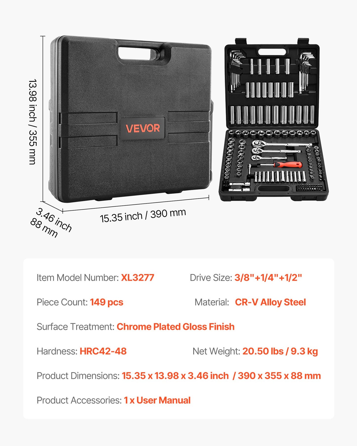 Socket Set, 149 Pieces, 9.5 & 6.4 & 12.7 mm Drive Socket and Ratchet Set, SAE and Metric, Deep and Shallow, Mechanic Tool Kit with Bits, Accessories, Storage Case, CR-V Alloy Steel, for Repair