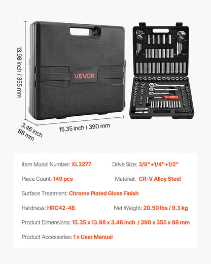 Socket Set, 149 Pieces, 9.5 & 6.4 & 12.7 mm Drive Socket and Ratchet Set, SAE and Metric, Deep and Shallow, Mechanic Tool Kit with Bits, Accessories, Storage Case, CR-V Alloy Steel, for Repair