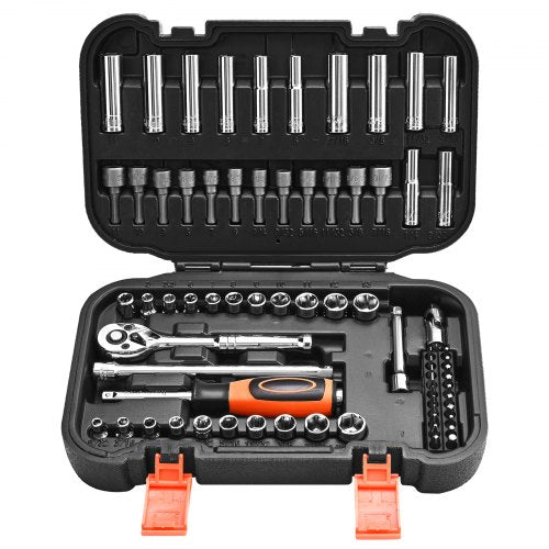 Socket Set, 70 Pieces, 6.4 mm Drive Socket and Ratchet Set, SAE and Metric, Deep and Shallow, Mechanic Tool Kit with Bits, Accessories and Storage Case, CR-V Alloy Steel, for Automotive Repair