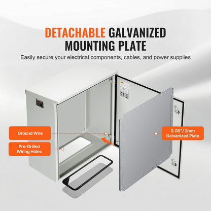 Electrical Enclosure, 60x60x30 cm, UL Certified NEMA 4 Outdoor Enclosure, IP65 Waterproof & Dustproof Cold-Rolled Carbon Steel Hinged Junction Box for Outdoor Indoor Use, with Rain