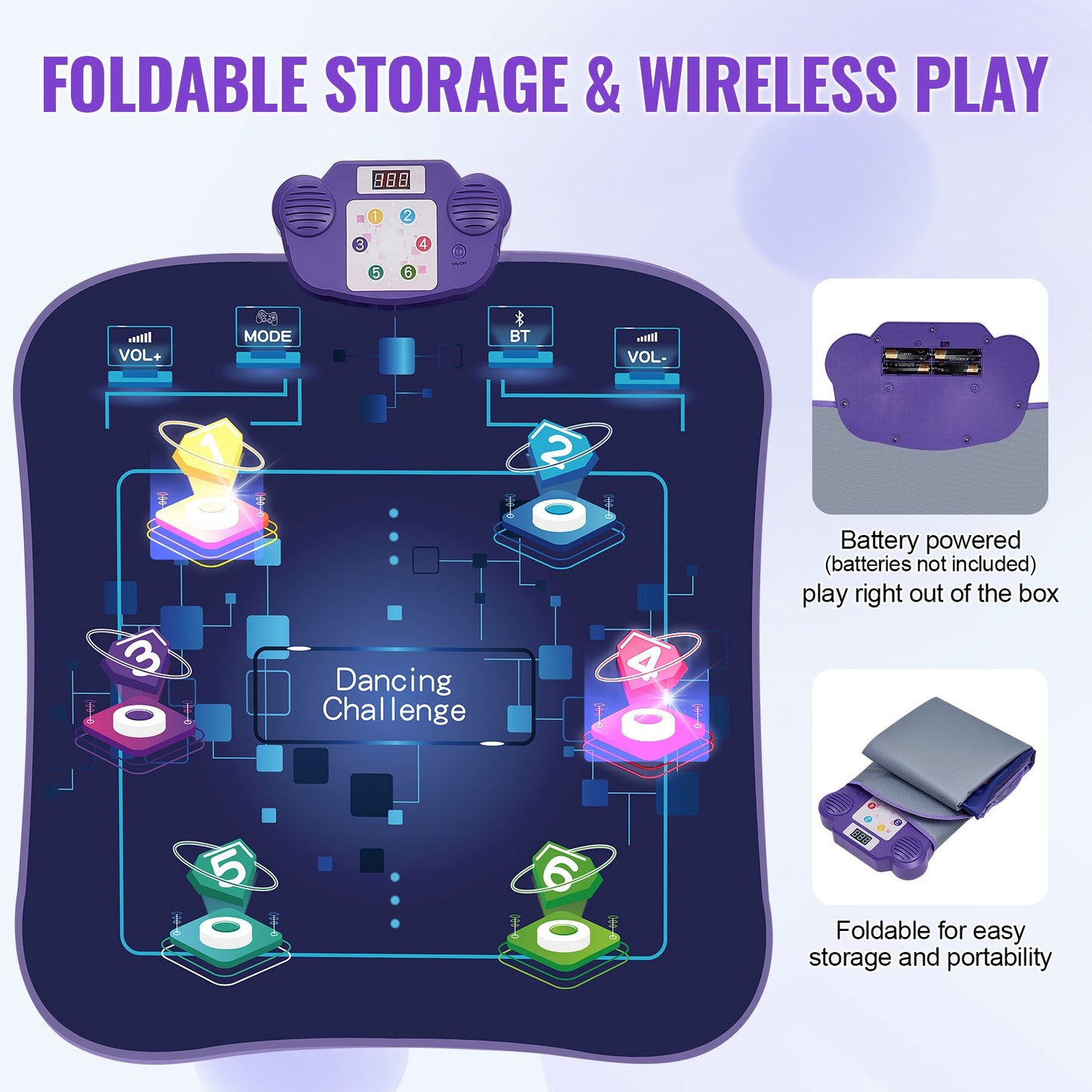 Dance Mat, 6-Button Dance Mixer Rhythm Step Play Mat, Electronic Dance Pad with Wireless Bluetooth, LED Lights, 5 Game Modes, Adjustable Volume, Built-in Music, Toys Gifts for 3+ Year Old Girls