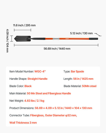 Dikespade, 10,4 cm blad Kraftig dikesspade, smal spadegrävare med glasfiberhandtag och halkfritt grepp, för trädgårdsarbete, grävning av hål, dikesgrävning och plantering, 142,5 cm