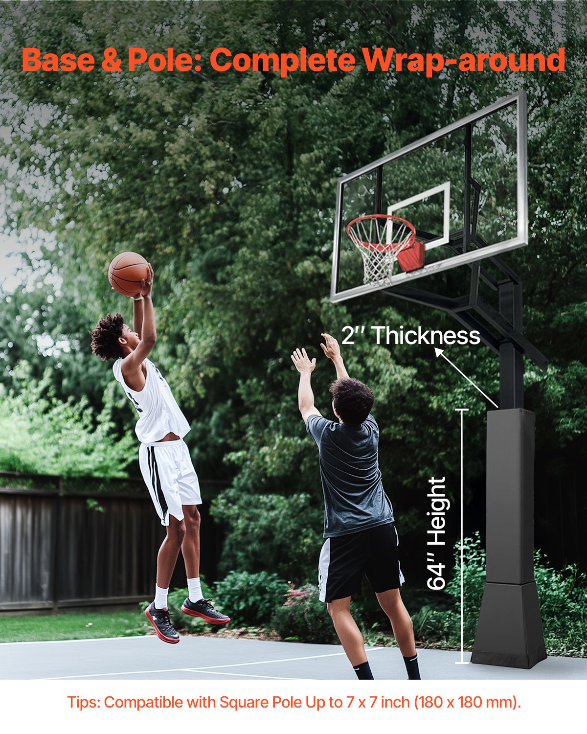 Basketball Pole Pad, 64" Tall and 2" Thick Heavy Duty Wrap Around Pole Padding, Fits 6x6 - 7x7 inch Diameter Square Pole, All-weather Waterproof Protective Pad for Basement Garage Playground