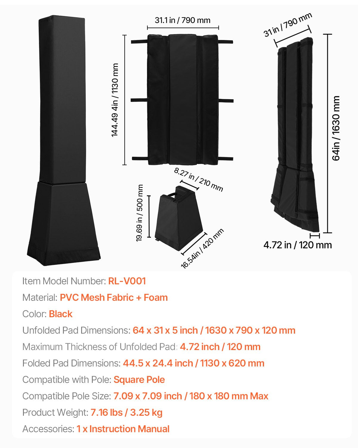 Basketball Pole Pad, 64" Tall and 2" Thick Heavy Duty Wrap Around Pole Padding, Fits 6x6 - 7x7 inch Diameter Square Pole, All-weather Waterproof Protective Pad for Basement Garage Playground