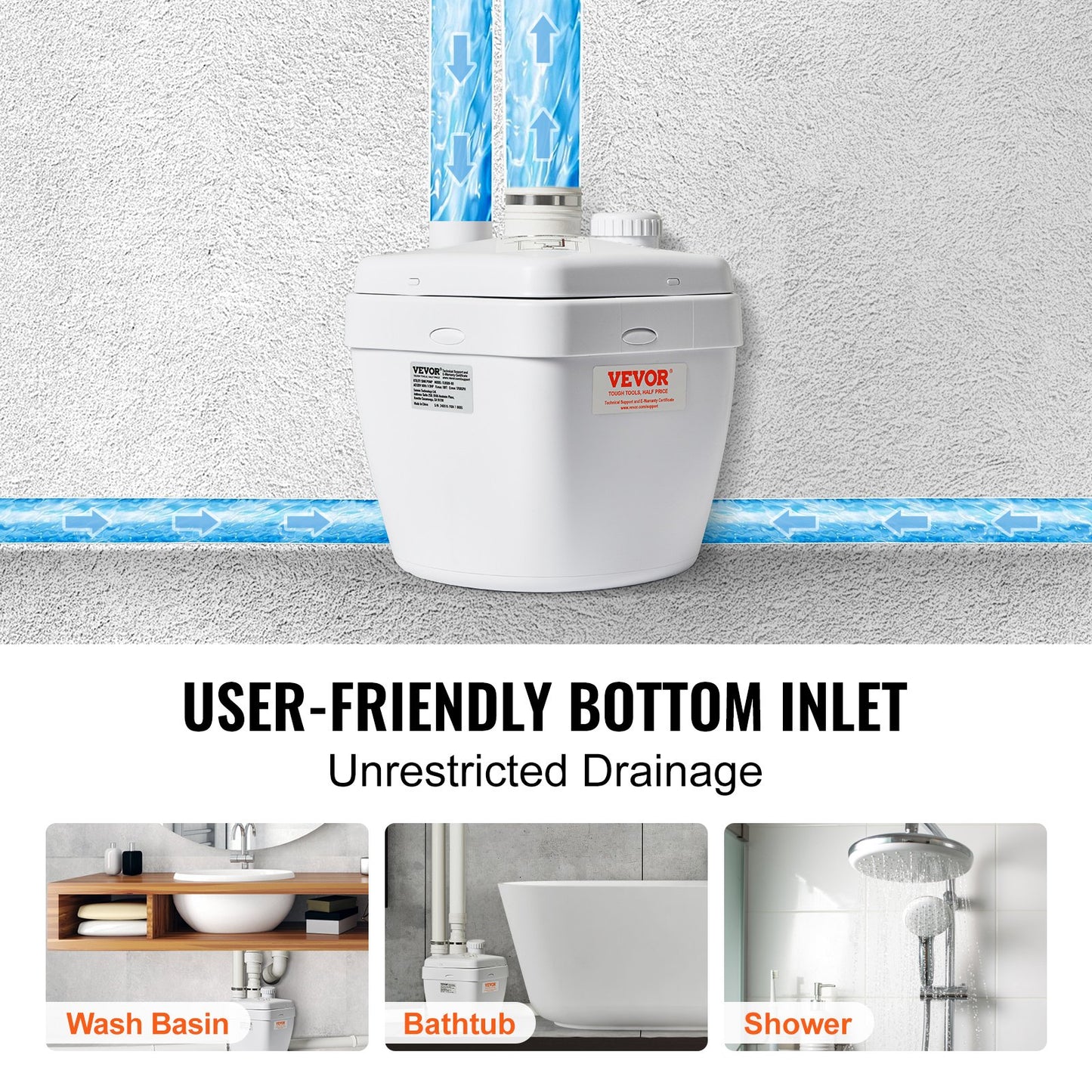 Avloppspump för tvättställ, 200W 1500GPH, 548,6 cm tryckhöjd, 3,8 cm utlopp, lågt dräneringsutlopp, korrosionsbeständig, lågt ljud, för villkällare, tvättmaskiner, mångsidiga handfat och barer