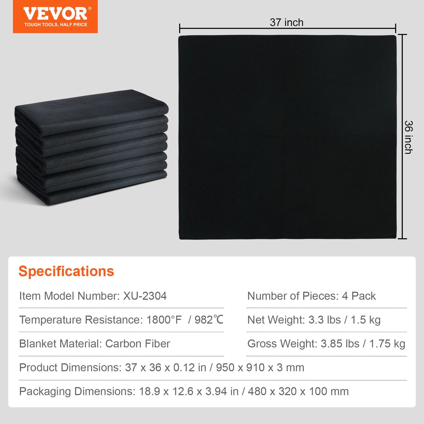 Carbon Felt Welding Blanket 4 Pack, 950 x 910 mm Flame Retardant Welding Blanket, Up To 982℃ Heat Resistant Blanket Set, Cuttable Carbon Fiber Fire Retardant Insulation Welding Mat Pad