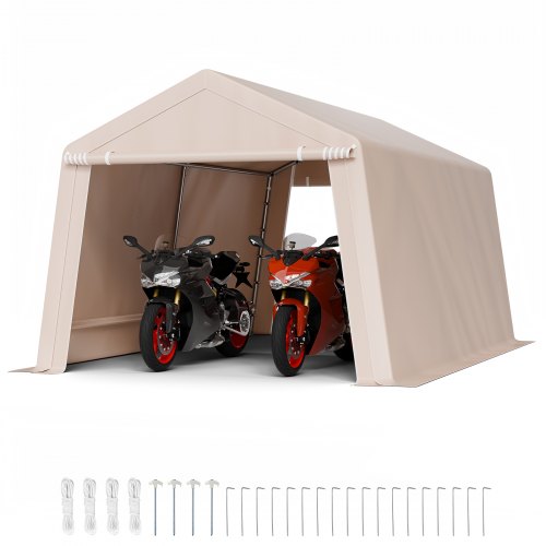 Outdoor Storage Shed, 10 x 15 ft Portable Storage Tent with 2 Roll-up Doors & Vents, Waterproof Canopy Shed Shelter, Heavy Duty Frame, Patio Garage Carport for Motorcycle Lawn Mower, Beige