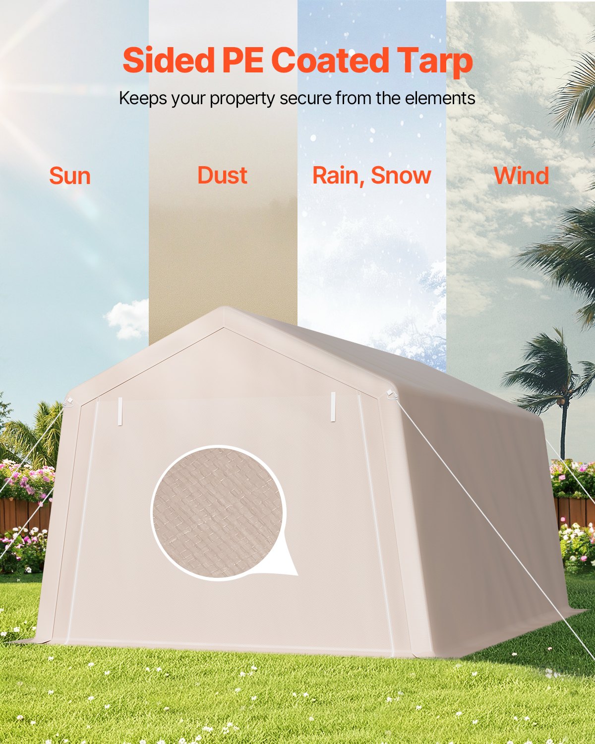 Förvaringsskjul för utomhusbruk, 10 x 15 fot bärbart förvaringstält med 2 rulldörrar och ventiler, vattentätt skyddstak, kraftig ram, carport för uteplatsgarage och gräsklippare, beige