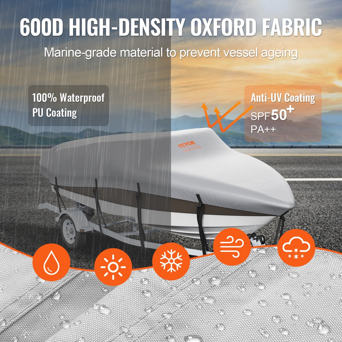 Boat Cover, 5180-5790 mm Trailerable Waterproof Boat Cover, 600D Marine Grade PU Oxford, with Motor Cover and Buckle Straps, for V-Hull, Tri-Hull, Fish Ski Boat, Runabout, Bass Boat, Grey