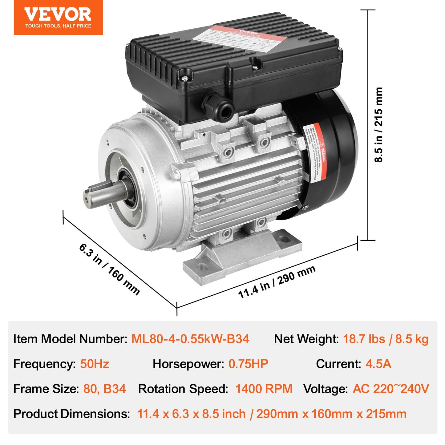 0.55KW Electric Motor 1400 rpm, AC 220~240V 4.5A, 80, B34 Frame, Air Compressor Motor Single Phase, 19mm Keyed Shaft, CW/CCW Rotation for Agricultural Machinery and General Equipment