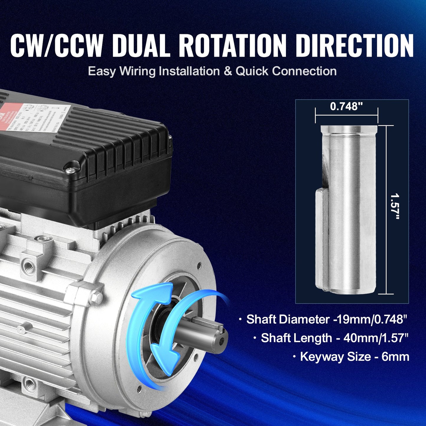 0.75KW Electric Motor 1400 rpm, AC 220~240V 5.45A, 80, B34 Frame, Air Compressor Motor Single Phase, 19mm Keyed Shaft, CW/CCW Rotation for Agricultural Machinery and General Equipment