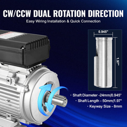 1.5KW Electric Motor 1400 rpm, AC 220~240V 9.85A, 90L, B3 Frame, Air Compressor Motor Single Phase, 24mm Keyed Shaft, CW/CCW Rotation for Agricultural Machinery and General Equipment