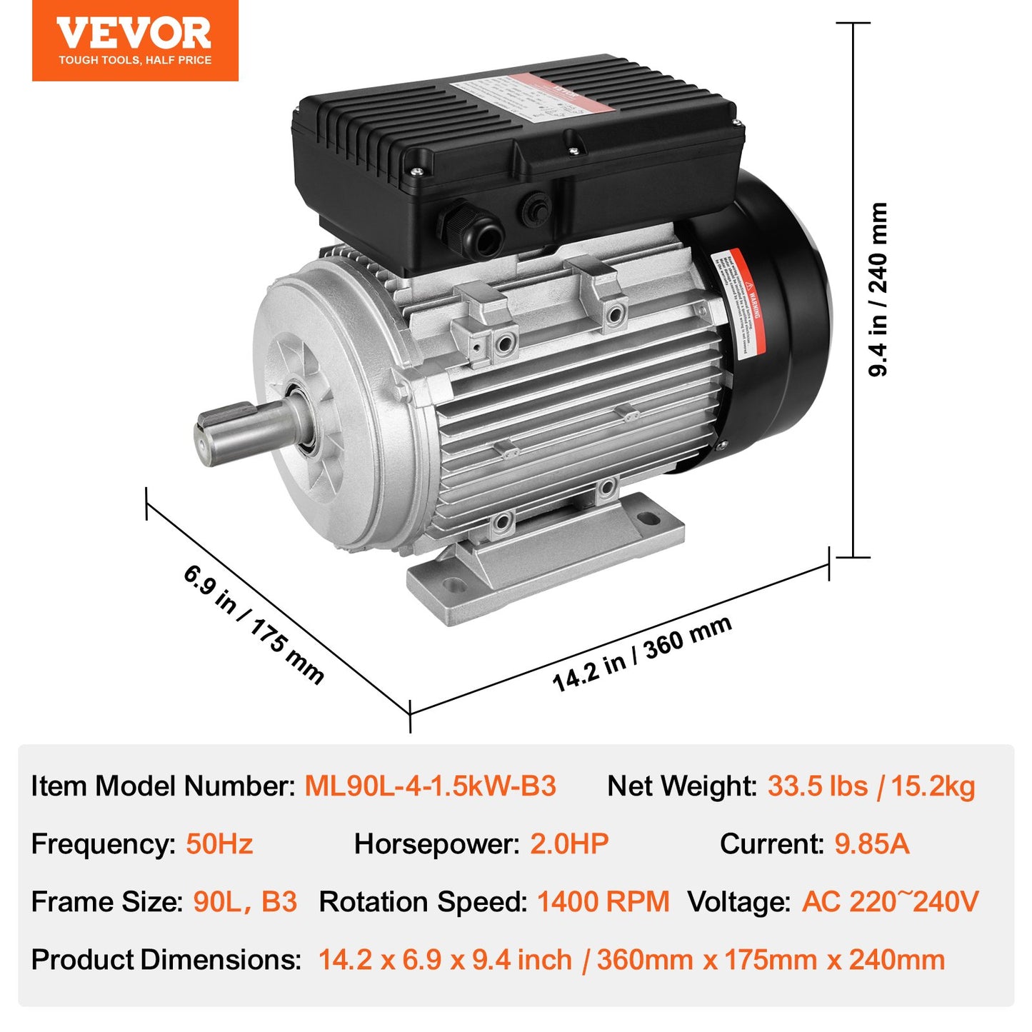 1.5KW Electric Motor 1400 rpm, AC 220~240V 9.85A, 90L, B3 Frame, Air Compressor Motor Single Phase, 24mm Keyed Shaft, CW/CCW Rotation for Agricultural Machinery and General Equipment